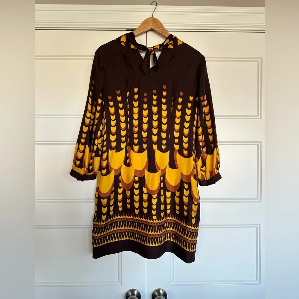 J. Crew Collection 100% Silk Dress Mod MCM Art Deco Geographic Brown/Gold W's 6 - Picture 4 of 11